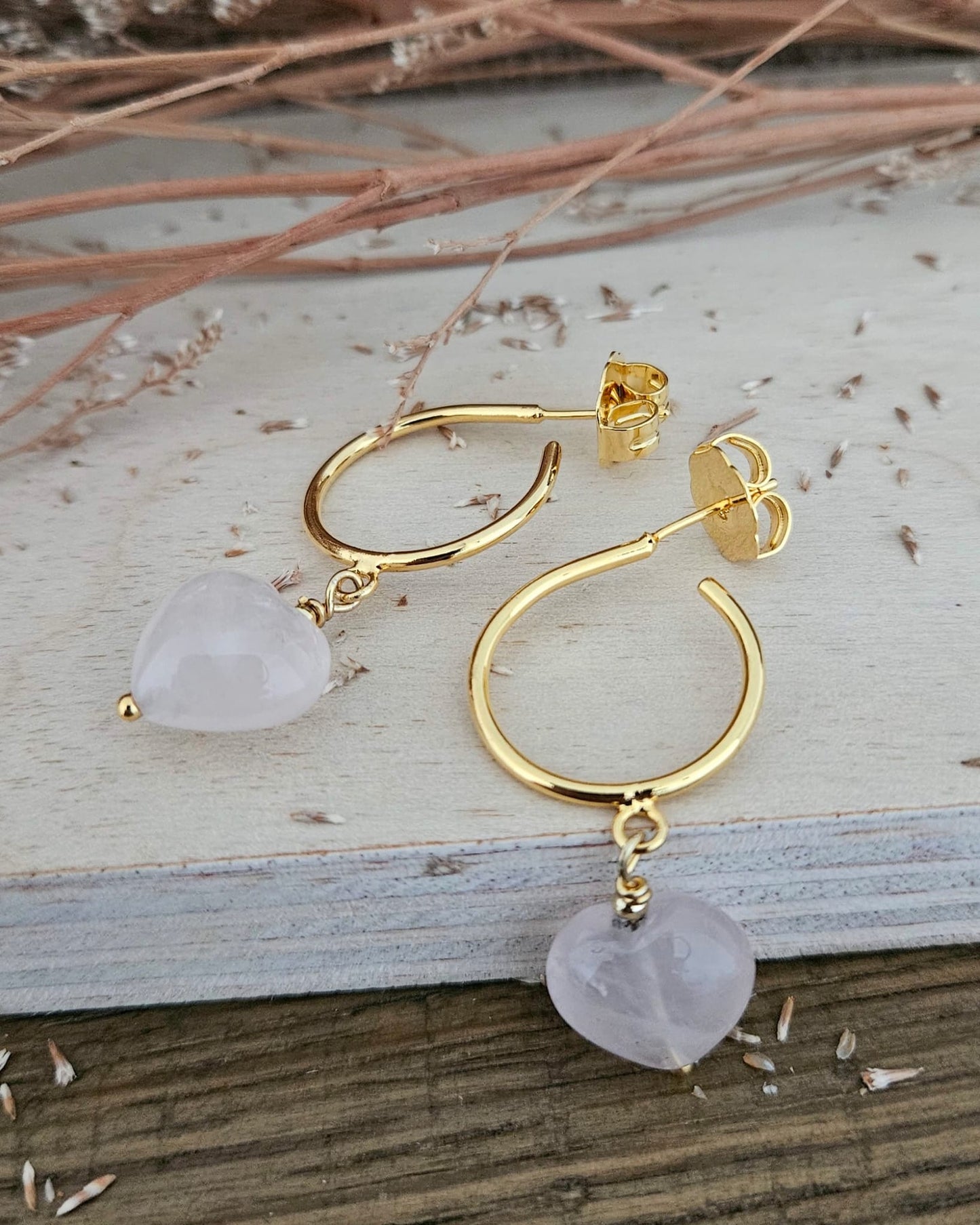 Mia Heart Gold Hoops Earrings in Pink Quartz - Mia Sophia Design