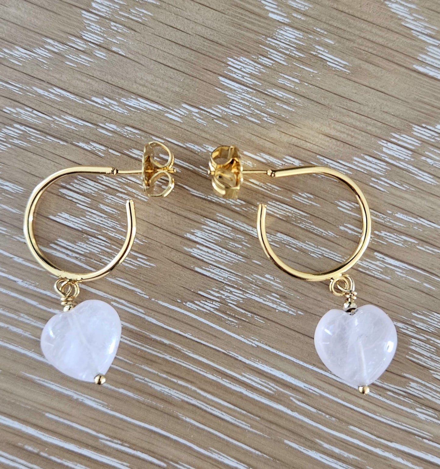 Mia Heart Gold Hoops Earrings in Pink Quartz - Mia Sophia Design