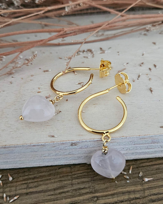 Mia Heart Gold Hoops Earrings in Pink Quartz - Mia Sophia Design